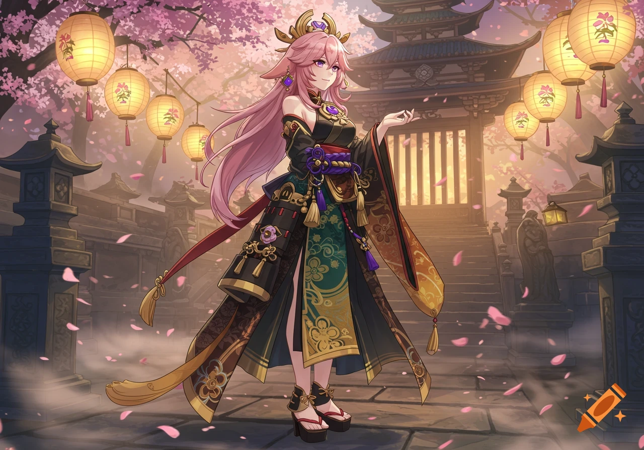Anime-style Yae Miko in an ornate black kimono stands under pink cherry blossoms and lanterns in a traditional Japanese garden.