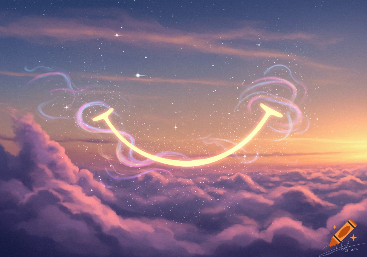 A glowing yellow smiley face floats above pink and purple clouds at sunset, with stars in the twilight sky. Dreamy art style.