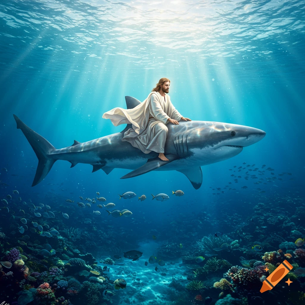Jesus rides a great white shark underwater amidst a colorful coral reef with fish, bathed in sunlit blue water.