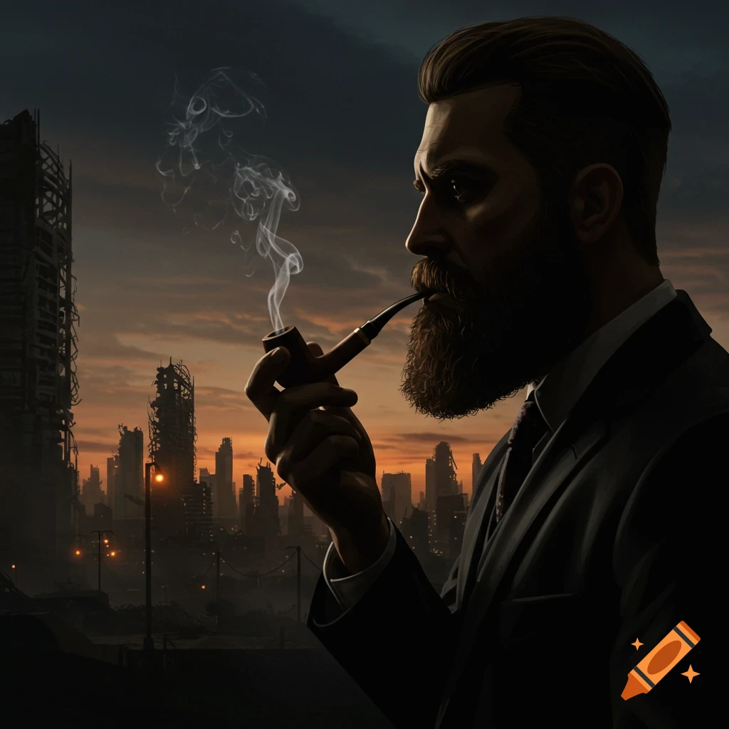 Photorealistic portrait of a bearded man in a suit smoking a pipe, overlooking a desolate city at dusk.