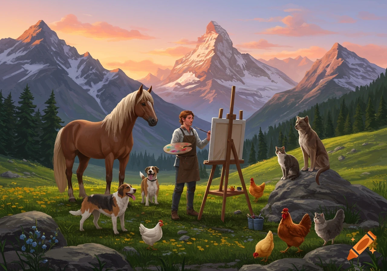 An artist paints a mountain landscape outdoors, surrounded by a horse, dogs, cats, and chickens.