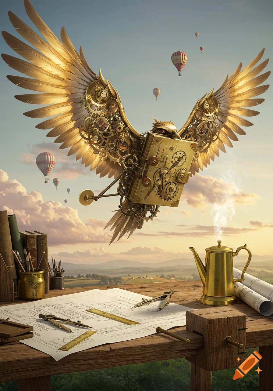 A steampunk mechanical bird with golden wings flies over a drafting table with blueprints and tools, against a sunset landscape with hot air balloons.