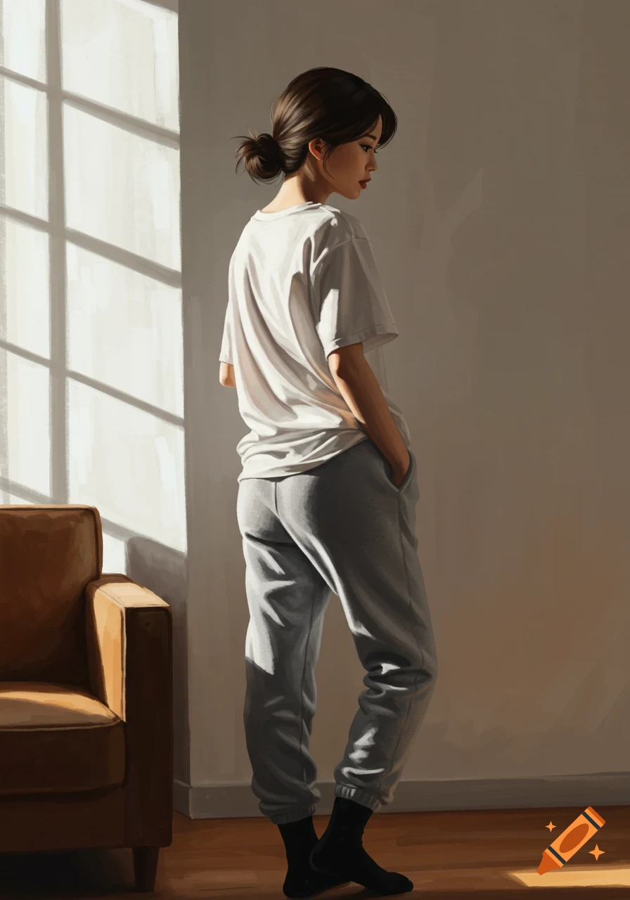 A young Asian woman with brown hair in a bun stands in a sunlit room, wearing a white t-shirt and gray sweatpants. Digital painting.
