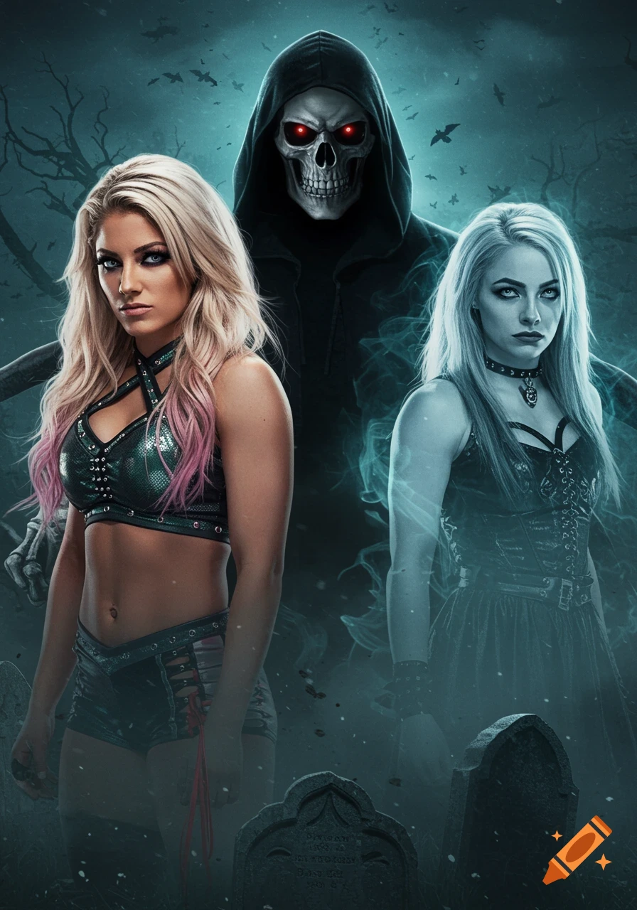 Two women and a grim reaper stand in a dark, fog-drenched graveyard under a moonlit sky in a dark fantasy digital artwork.