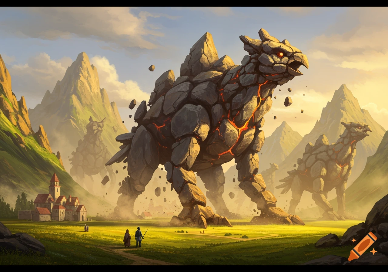 Giant rock monsters with glowing cracks approach a town in a grassy valley at sunset, surrounded by mountains. Fantasy digital art.