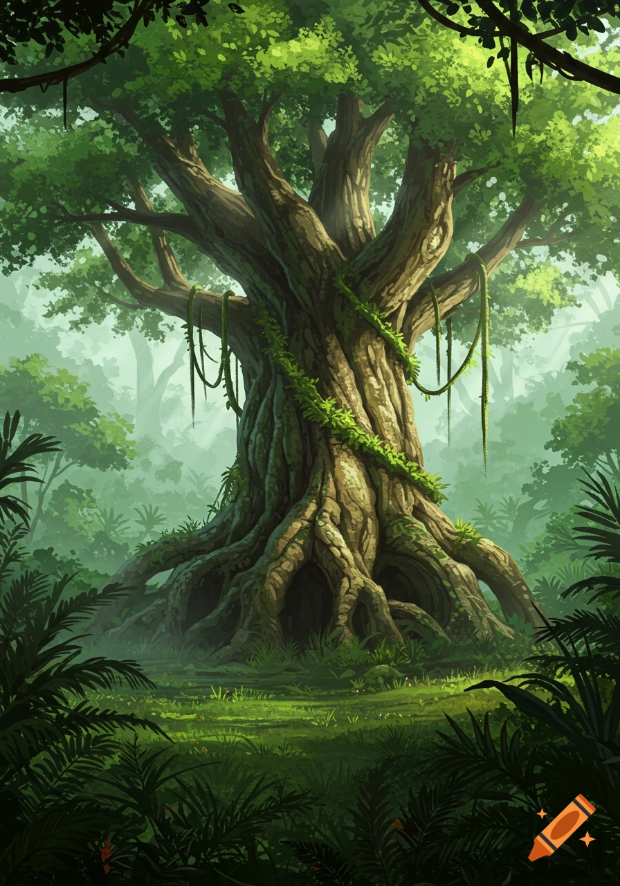 A vibrant illustration of a majestic, ancient tree with massive roots and vines, standing in a lush, misty jungle.