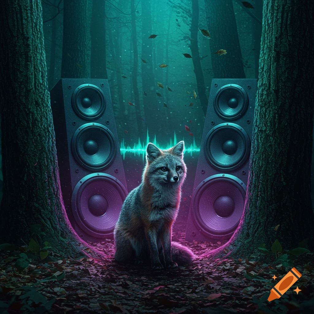 A grey fox sits between two glowing subwoofers in a dark, enchanting forest with falling leaves and a green sound wave. Digital art.