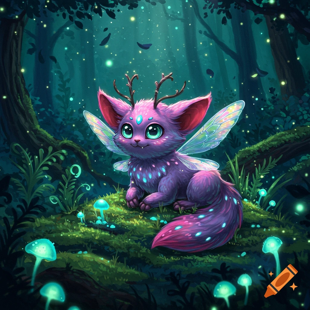 A cute pink furry creature with glowing blue spots, large green eyes, antlers, and fairy wings sits in a mystical, glowing forest with bioluminescent mushrooms.