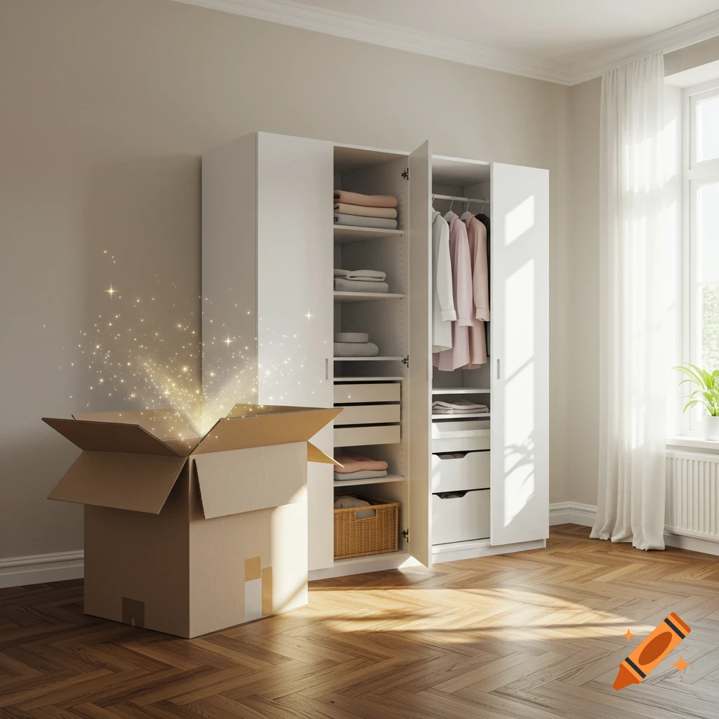 A glowing cardboard box stands on a wooden floor in a bright room, in front of an open white wardrobe filled with clothes.