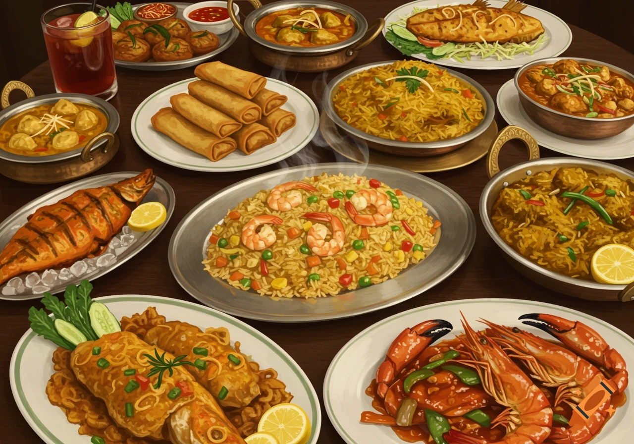A lavish spread of Asian and Indian dishes including fried rice with shrimp, spring rolls, curries, grilled fish, and seafood on a dark wooden table.