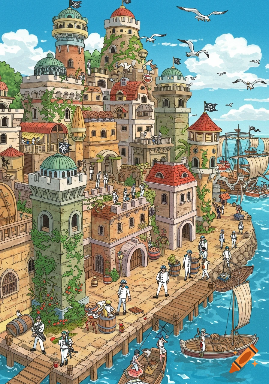A vibrant, cartoon-style port town features towering buildings, pirate flags, ships, and numerous characters along a bustling dock.