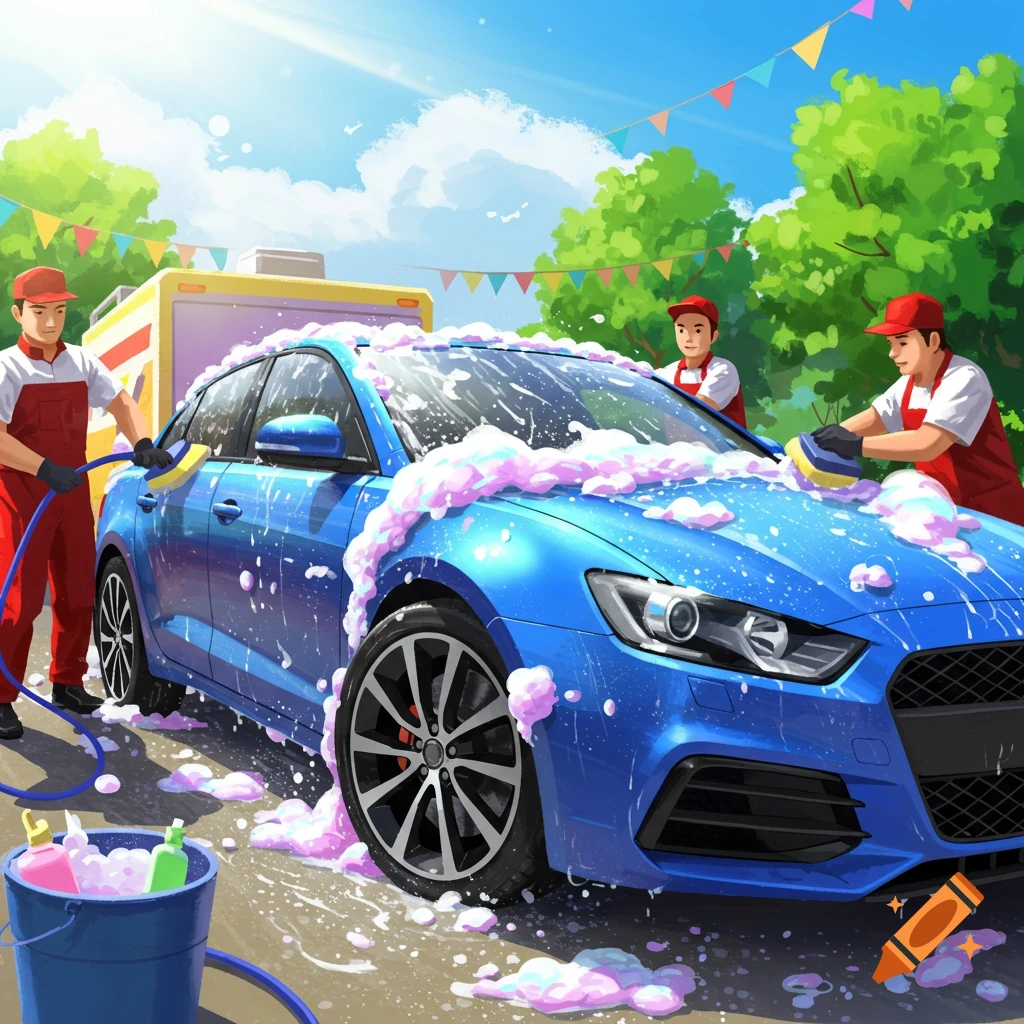 Three men wash a blue car with pink suds under a sunny sky with colorful flags, in an illustrative style.