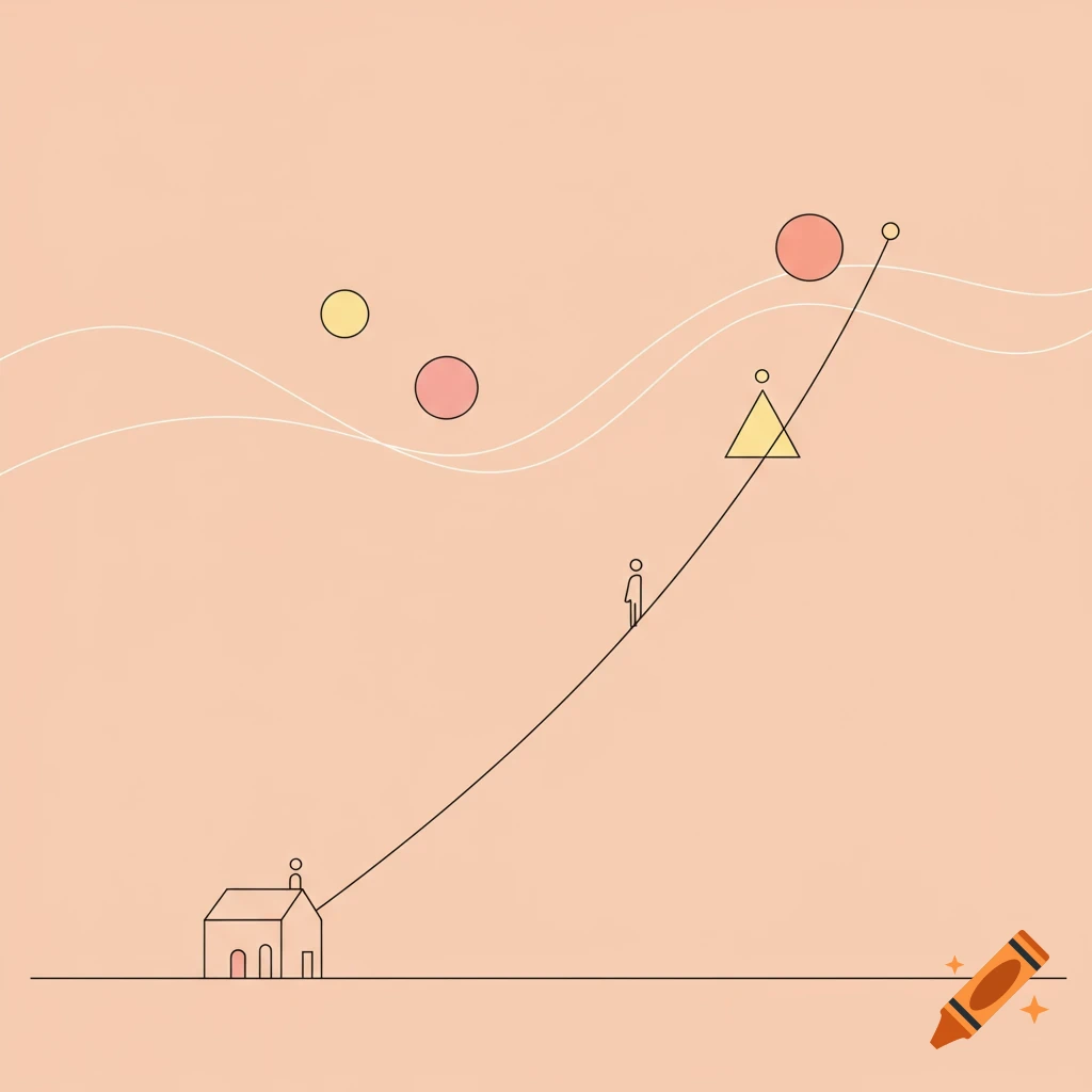 Minimalist geometric illustration of a person walking a diagonal path from a house towards a triangle, with circles in a peach sky.