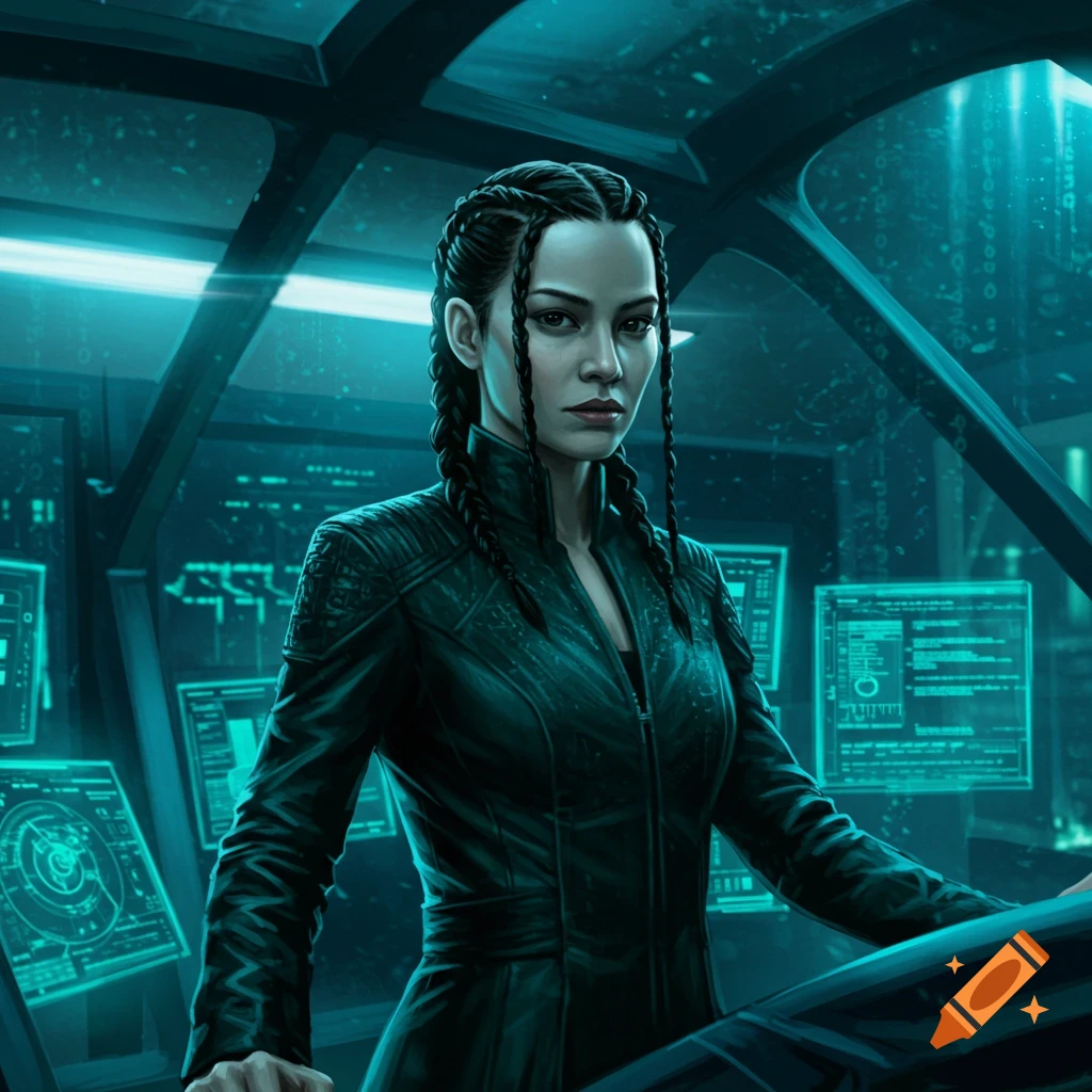 A serious woman with braided hair in a dark, glowing turquoise sci-fi control room, with screens showing code.