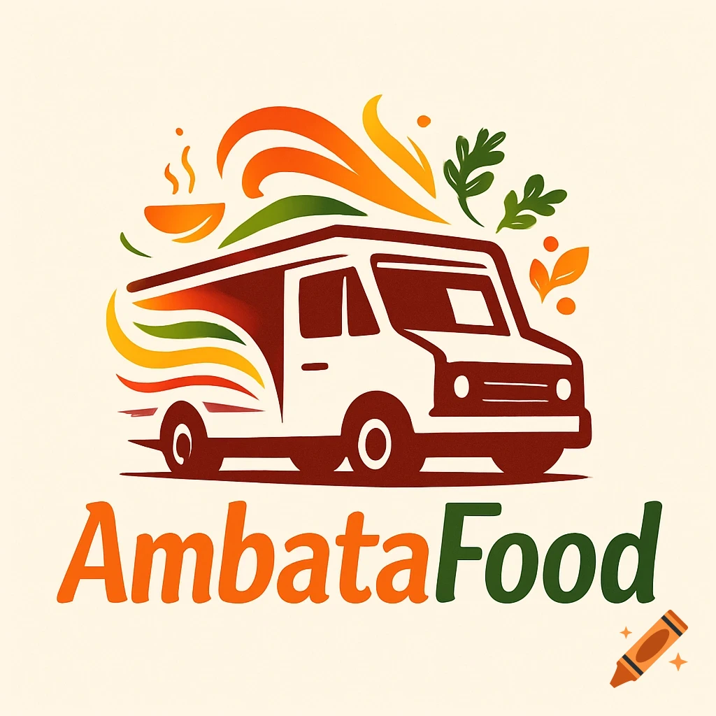 A colorful, stylized logo featuring a white food truck with steam and leaves, with the text 'AmbataFood' below.