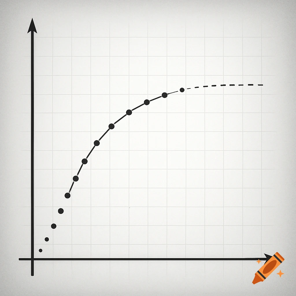A black and white graph with a grid background, showing a curve with plotted points gradually flattening.