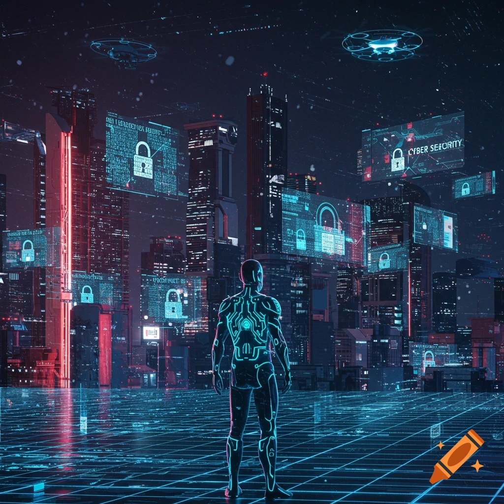 A glowing figure stands in a futuristic city at night, surrounded by holographic screens displaying code, padlock icons, and "CYBER SECURITY" text. Neon blue and red lights illuminate the scene, giving it a digital, high-tech aesthetic.