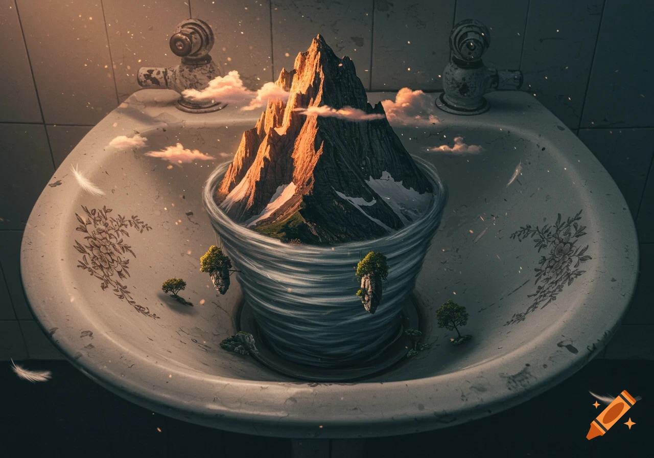 A surreal, photorealistic image of a majestic mountain emerging from a swirling water vortex in an old sink, with floating trees and feathers.