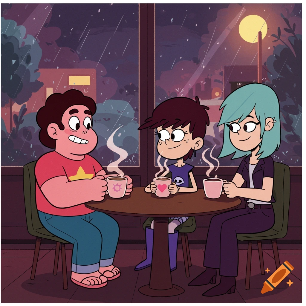 Cartoon characters Steven Universe, Luna Loud, and Sam Sharp sit in a cafe on a rainy night, drinking coffee.