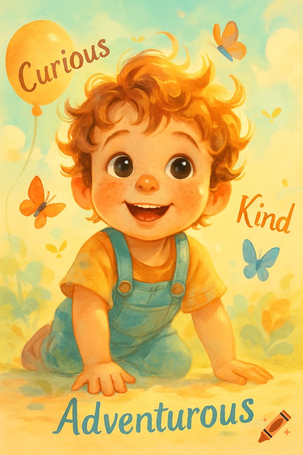 Watercolor illustration of a happy, curly-haired child crawling, with butterflies and text labels 'Curious', 'Kind', 'Adventurous'.