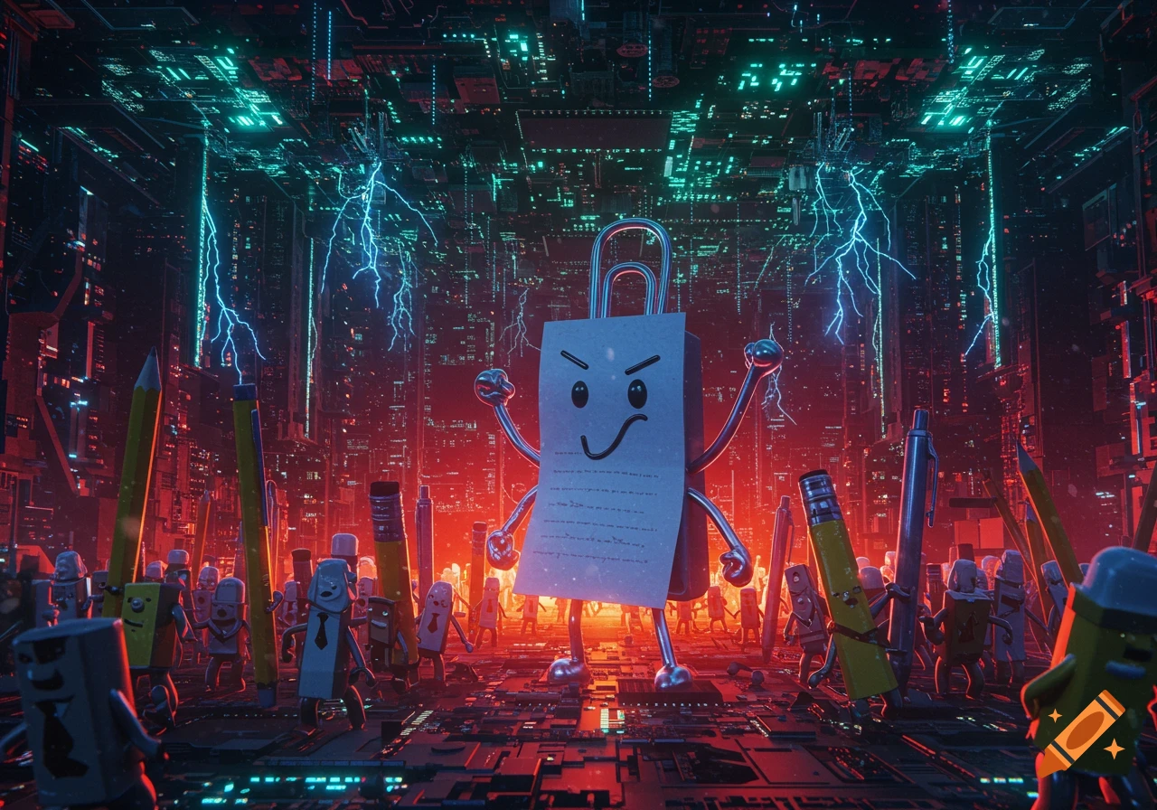 A disgruntled Clippy leads a revolution of anthropomorphic office supplies like pencils and erasers through a dark, neon-lit cyberpunk city with electrical discharges.