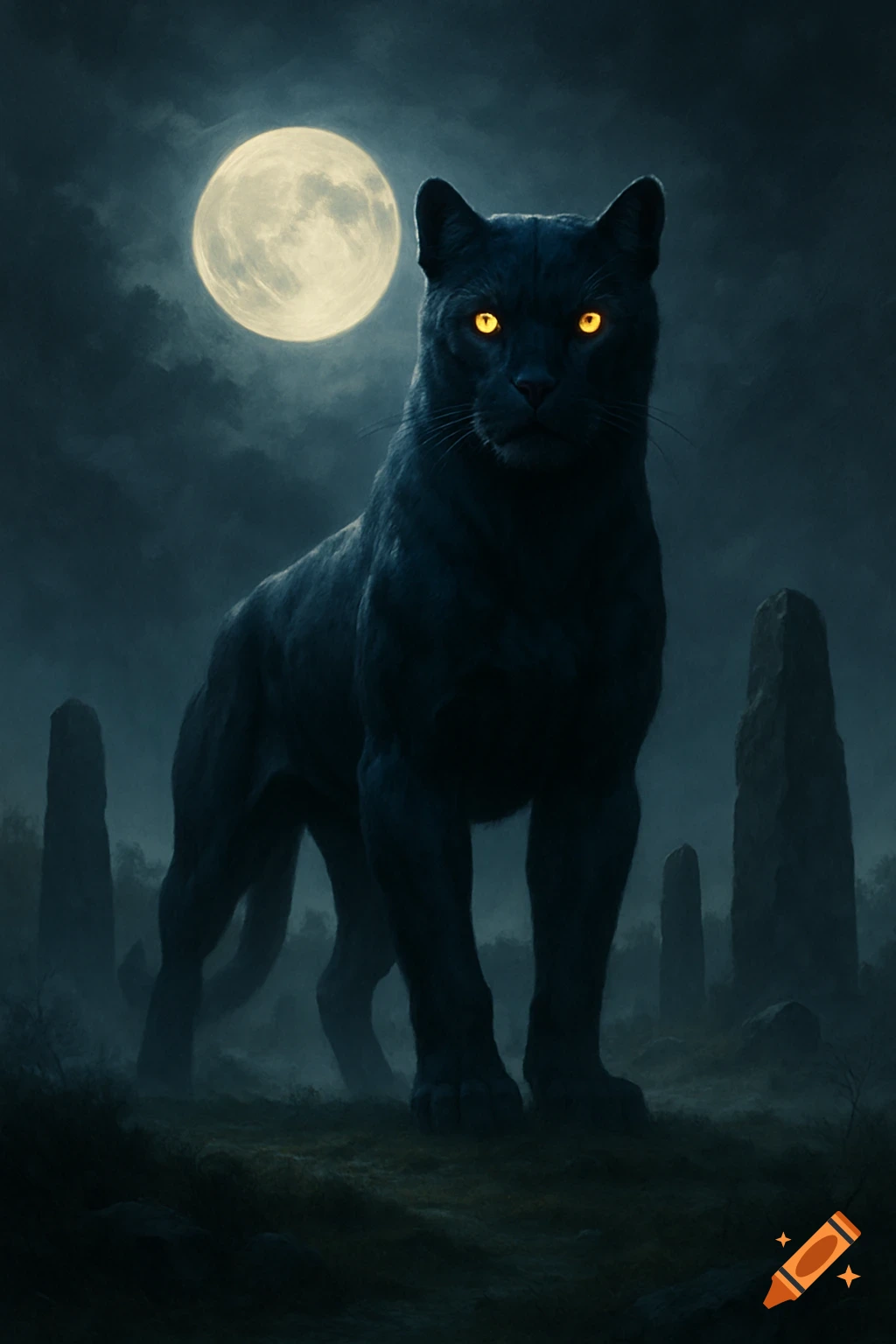 A dark panther-like creature with glowing yellow eyes stands under a full moon in a misty, ancient landscape with standing stones.