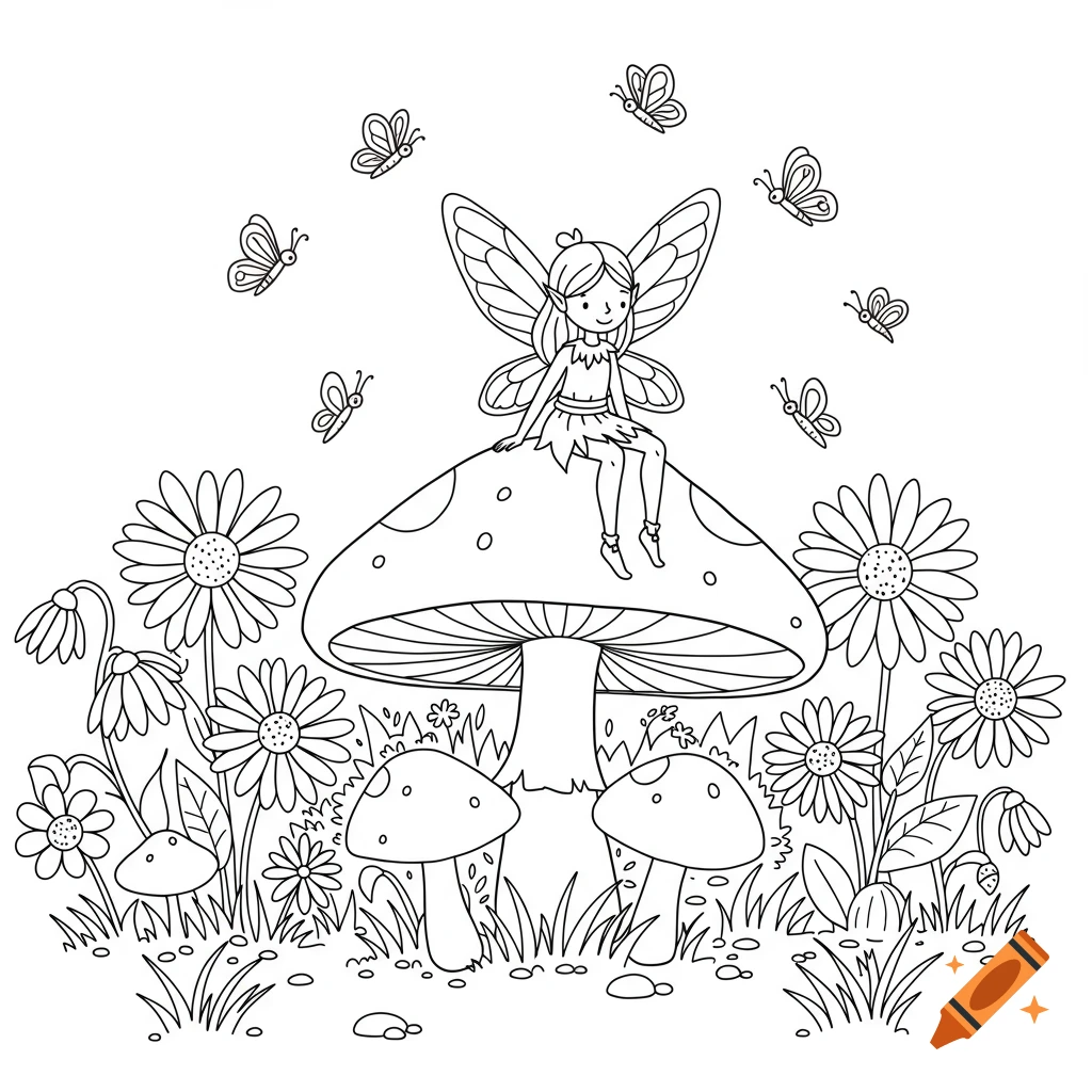 Line art coloring page of a whimsical fairy on a mushroom, surrounded by flowers and butterflies.