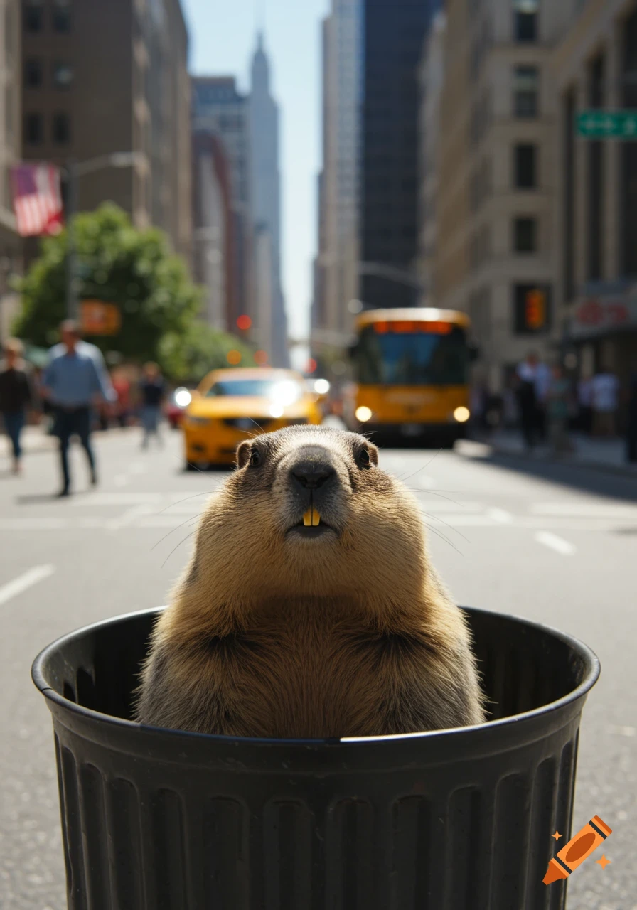A photorealistic image of a groundhog peeking out of a black trash can in the middle of a busy city street.