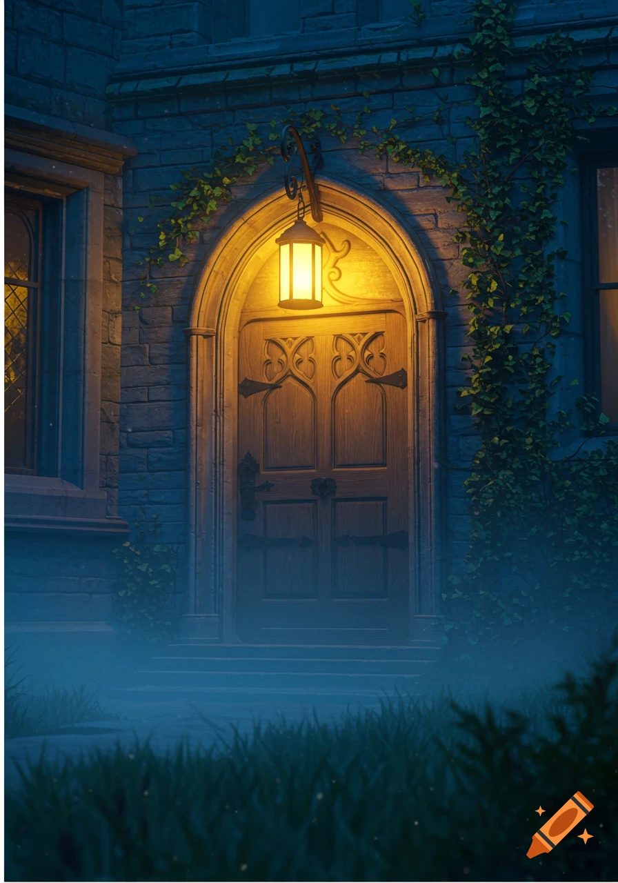 A glowing lantern illuminates an ornate wooden door set in a stone wall covered with ivy, surrounded by mist at night.
