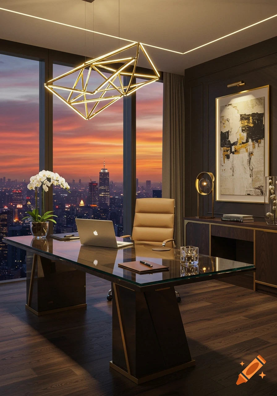 A luxurious modern office with a glass desk, leather chair, laptop, and geometric chandelier, overlooking a city skyline at sunset.