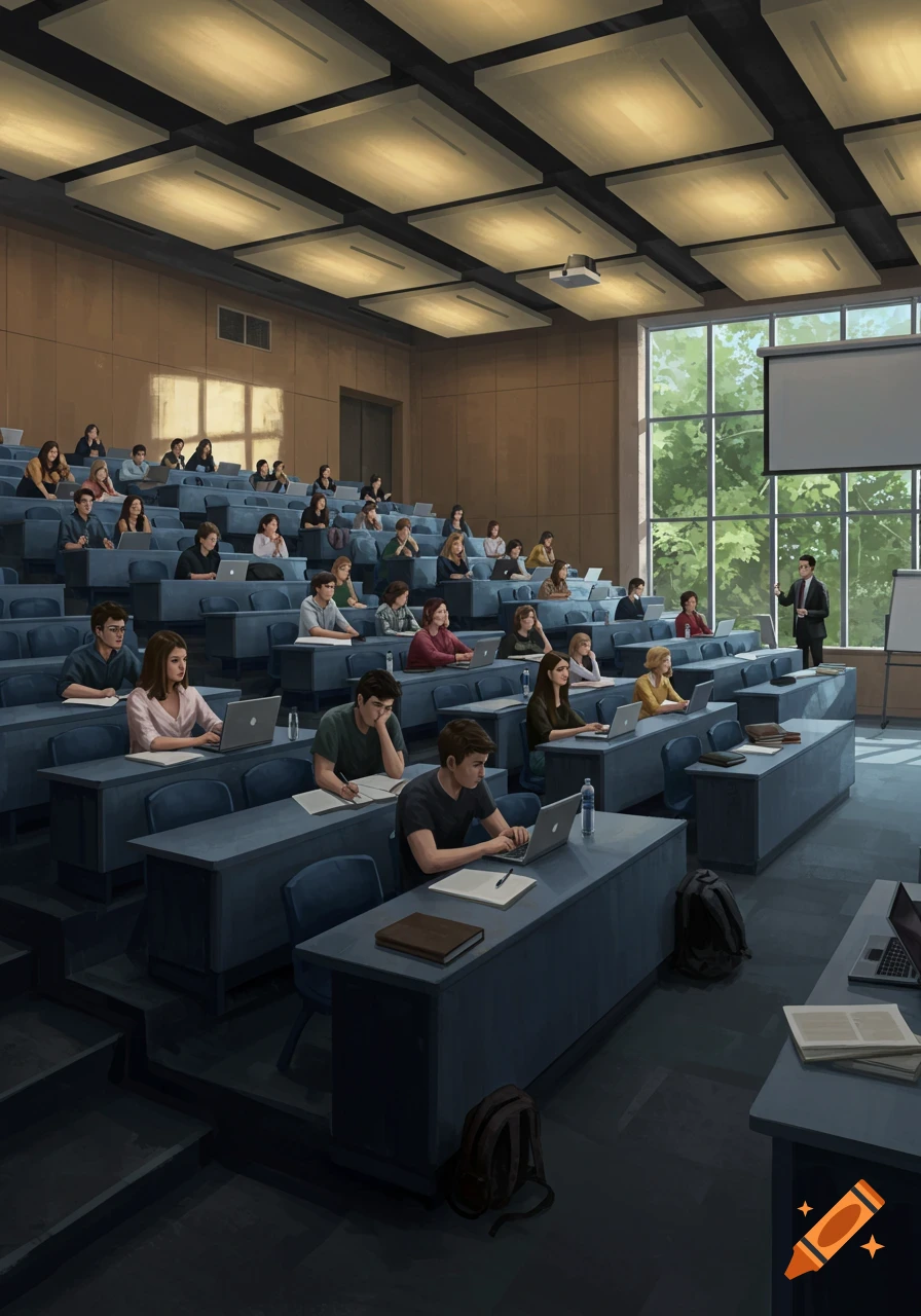 A large lecture hall filled with students working on laptops, with a professor at the front and large windows.
