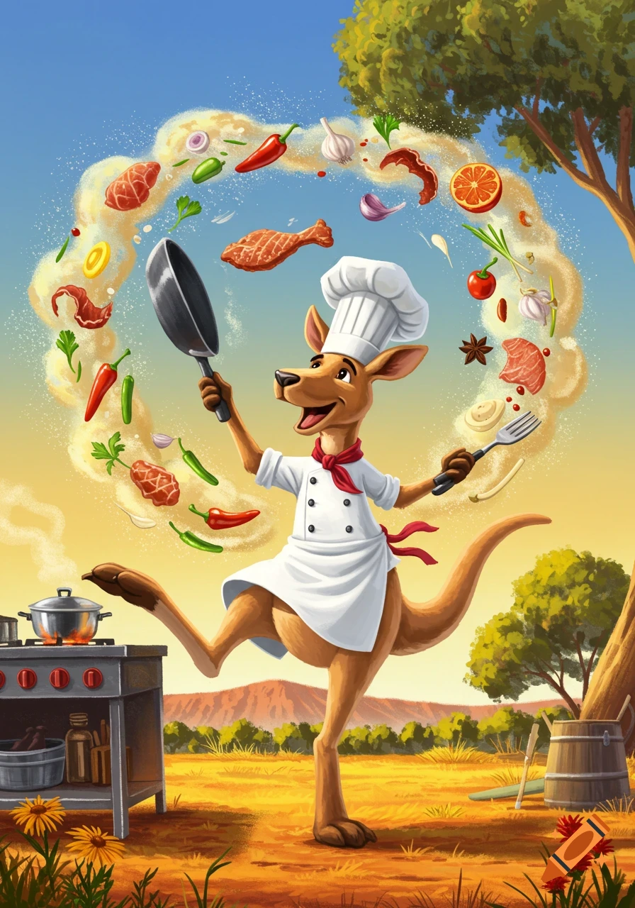 Vibrant cartoon of a kangaroo chef in an apron and hat, cooking outdoors with a skillet, surrounded by floating food ingredients.