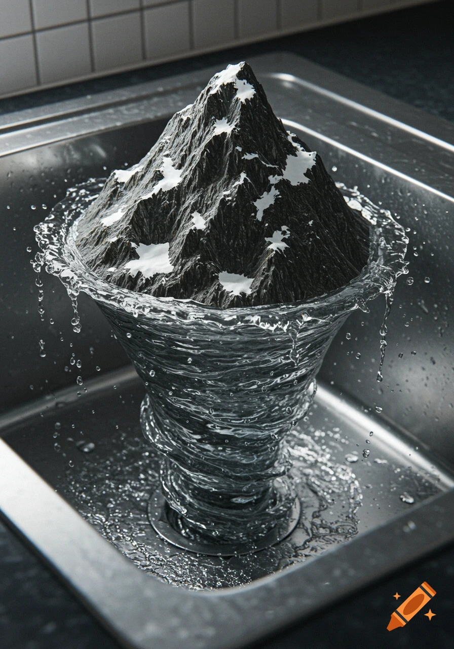 A dark, rocky, snow-capped mountain emerges from a swirling vortex of water draining into a stainless steel kitchen sink.