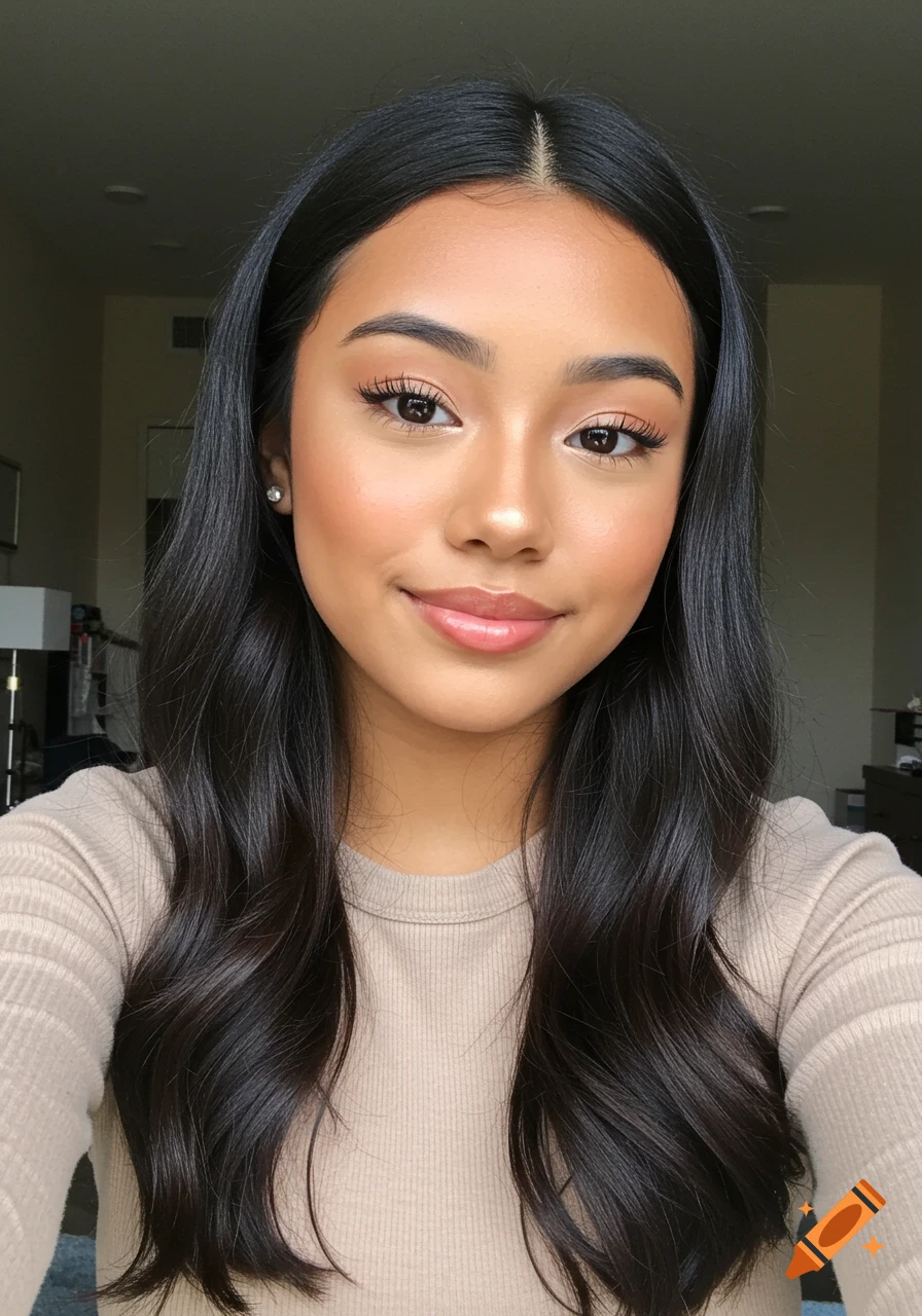 A smiling young Hispanic woman with long dark wavy hair and natural makeup wears a beige ribbed shirt and a diamond stud earring.