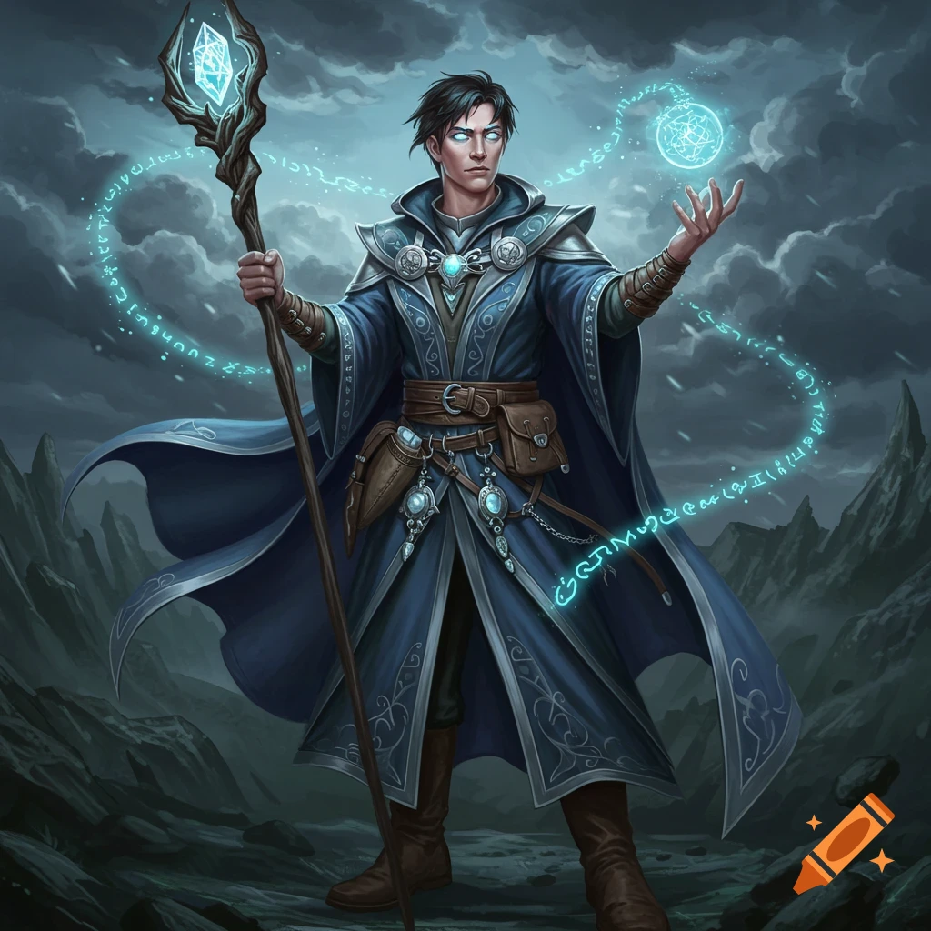 A young male mage in blue robes with a staff and glowing crystal casts a spell, surrounded by glowing runes, in a fantasy art style.