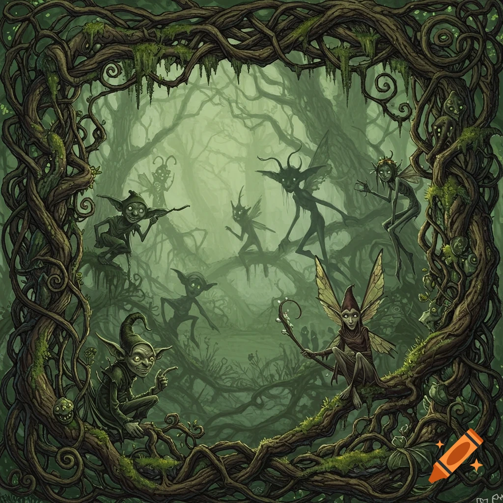 A detailed, painterly illustration of creepy, goblin-like faeries perched on twisted, mossy roots within a dark, misty enchanted forest.