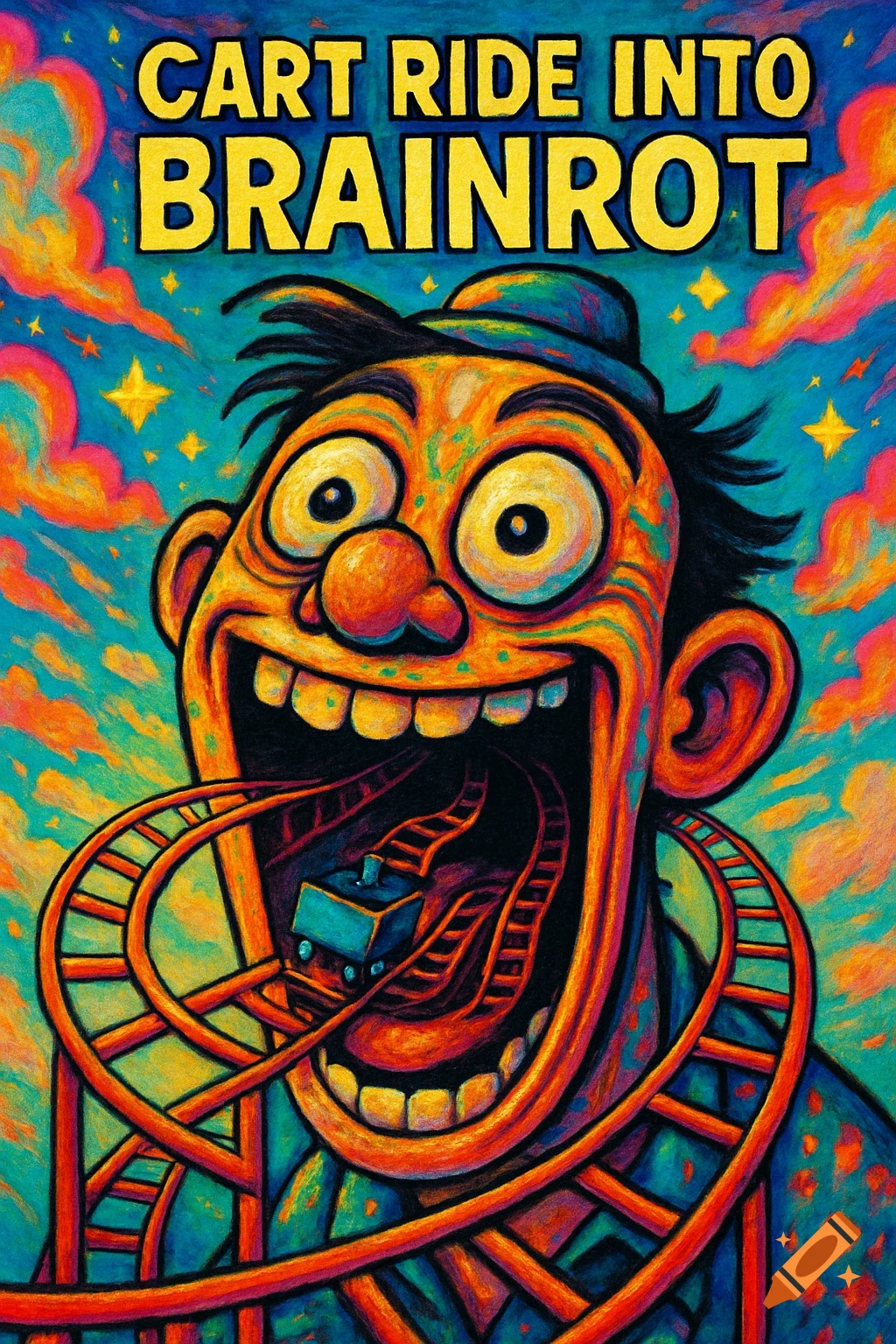 Vibrant, grotesque cartoon game thumbnail of a wide-mouthed character with a roller coaster track going into its mouth, against a psychedelic sky.