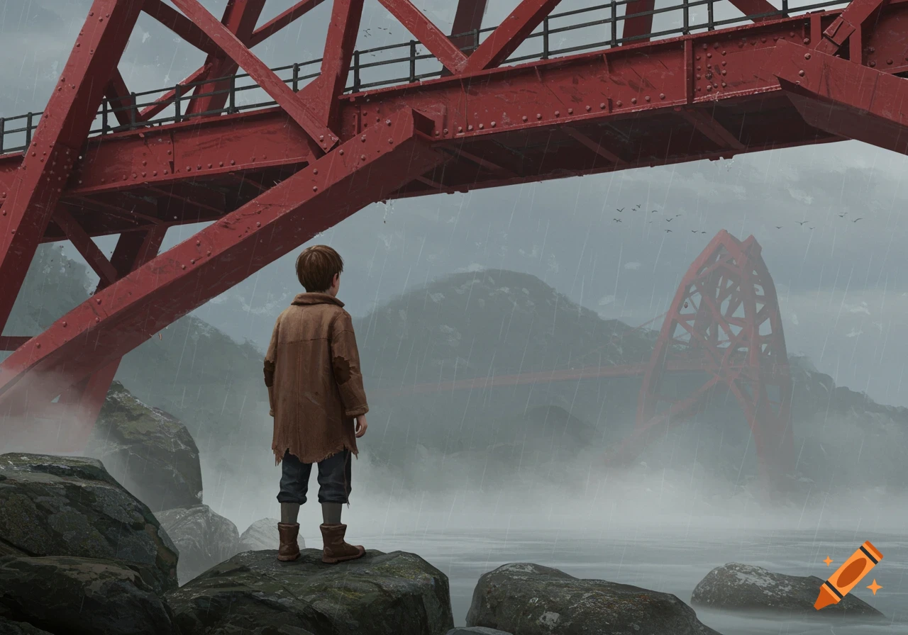 A boy in an old coat stands on rocks under a red bridge, gazing at a misty, rainy landscape with a distant bridge, digital art.