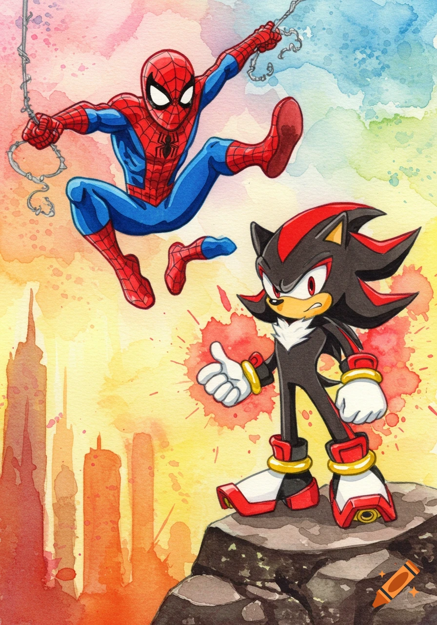 Watercolor art of Spider-Man leaping above Shadow the Hedgehog, who stands on a rock with a city skyline in the background.
