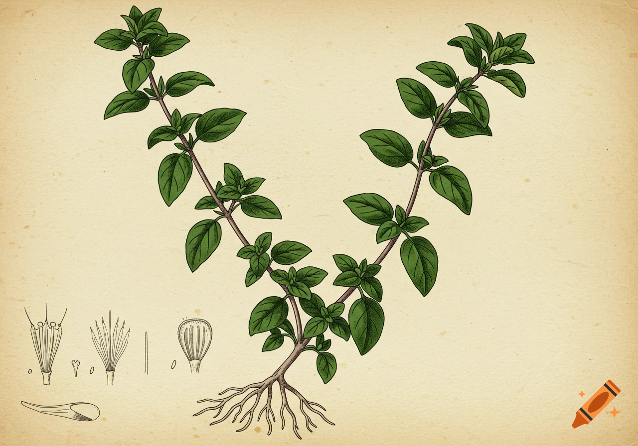 A vintage botanical illustration of an oregano plant with leaves, roots, and detailed diagrams on aged paper.