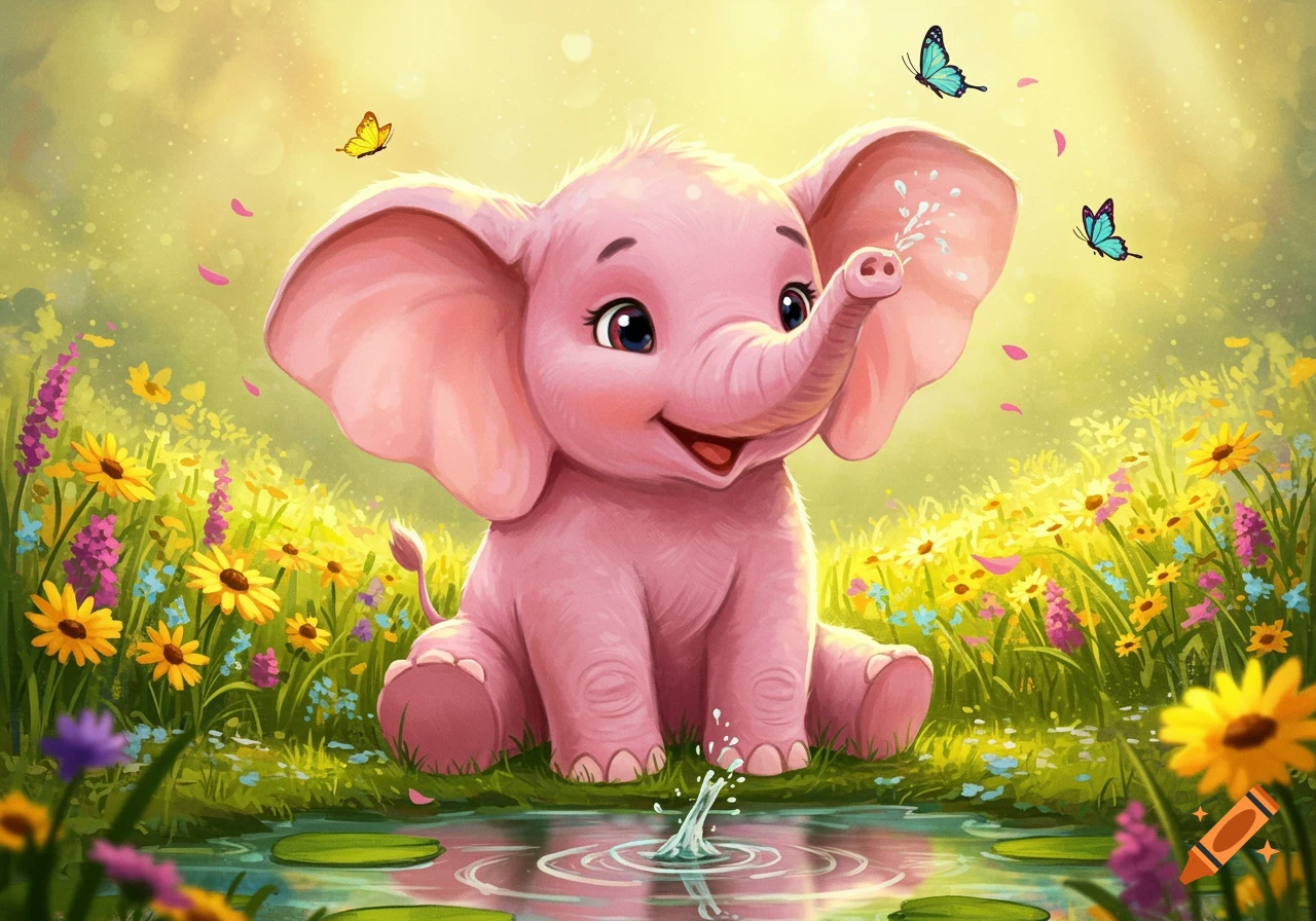 A cute pink baby elephant smiles in a vibrant field of flowers, splashing water, with butterflies, in a cheerful cartoon style.