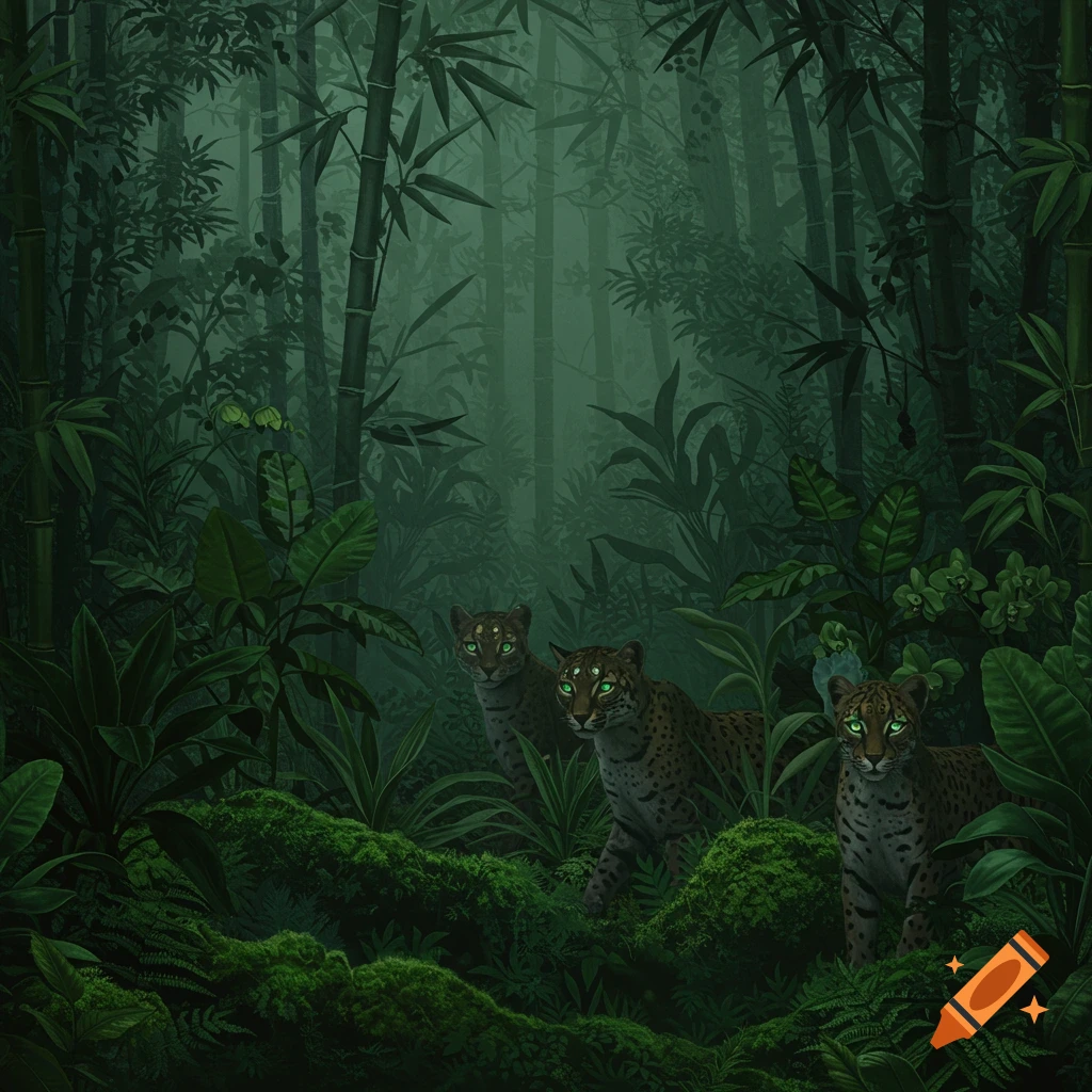 Three leopards with glowing green eyes peer from dense, dark green jungle foliage and bamboo.