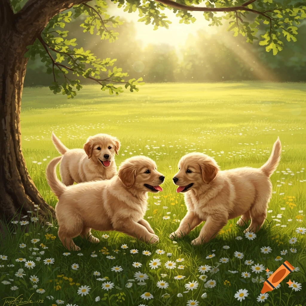 Three fluffy golden retriever puppies play in a sunny meadow filled with daisies, under the shade of a large tree, in a vibrant illustration.