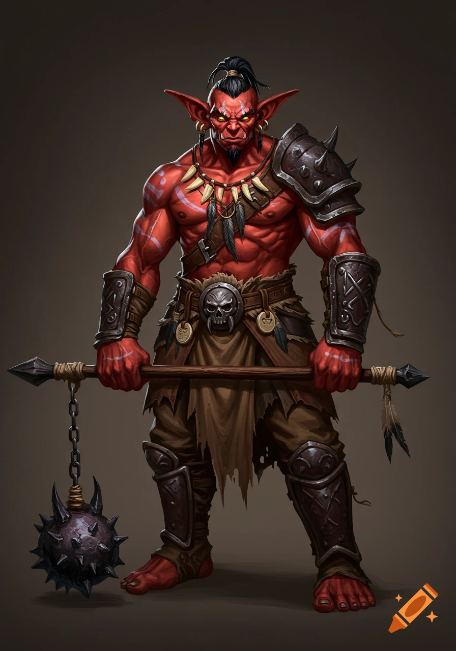 Red-skinned hobgoblin shaman in tribal armor holding a mace, concept art style.