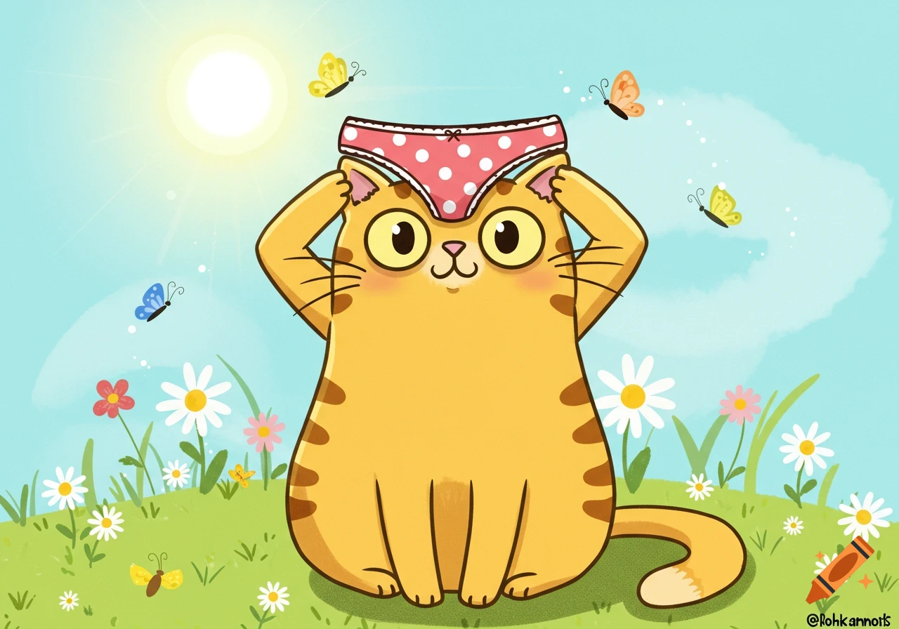 A cute cartoon ginger cat sits in a sunny meadow with butterflies and flowers, wearing pink polka dot panties on its head.
