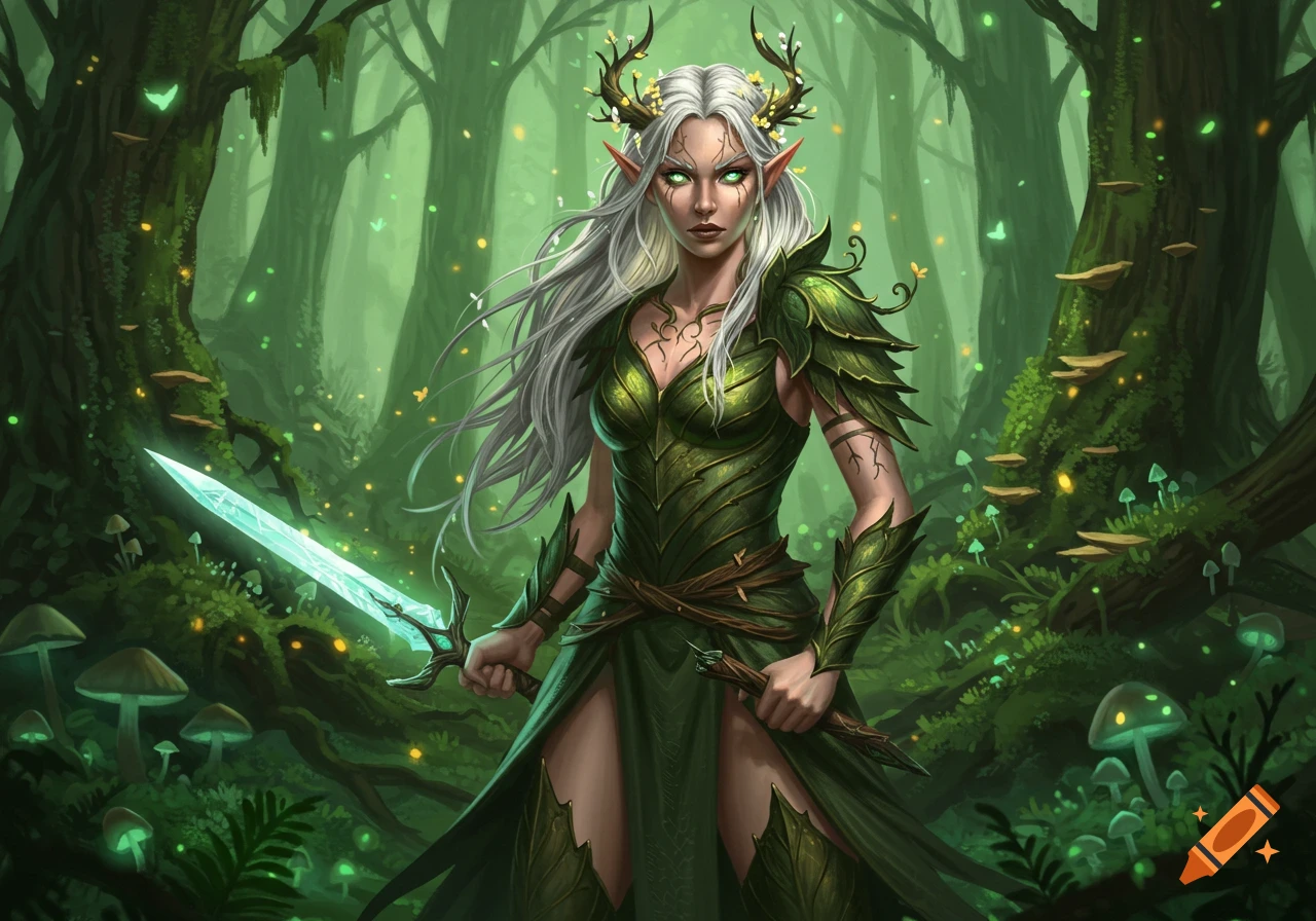 Female elf warrior with white hair, glowing green eyes, and antlers in a mystical green forest, holding an enchanted sword.