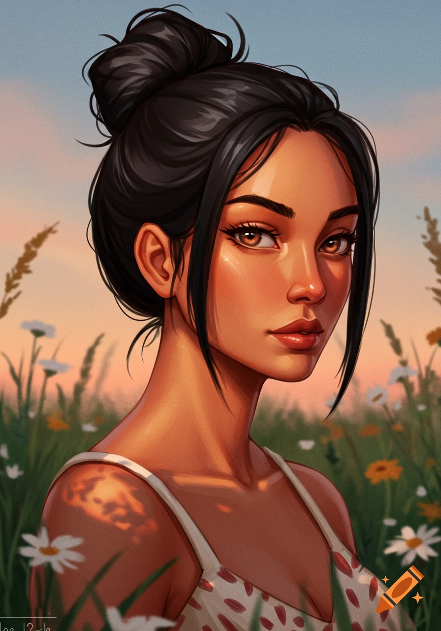 A stylized digital painting of a woman with dark hair in a bun, tan skin, and brown eyes, in a field of daisies at sunset.