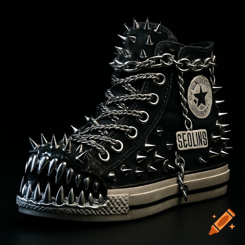 A black high-top sneaker adorned with metallic silver spikes, chains for laces, and a monster jaw with teeth on the toe, against a black background.