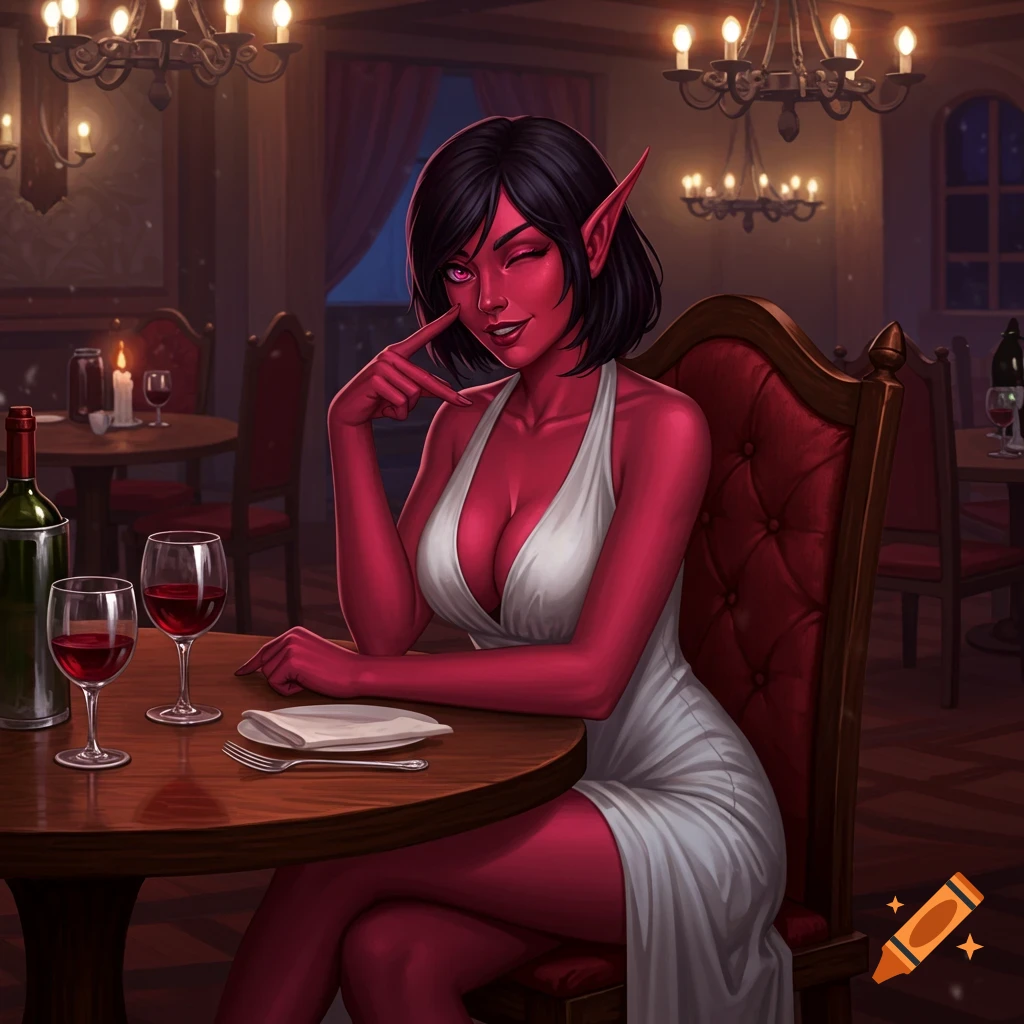 A red-skinned female elf with short dark hair winks, sitting at a tavern table with wine in digital fantasy art style.