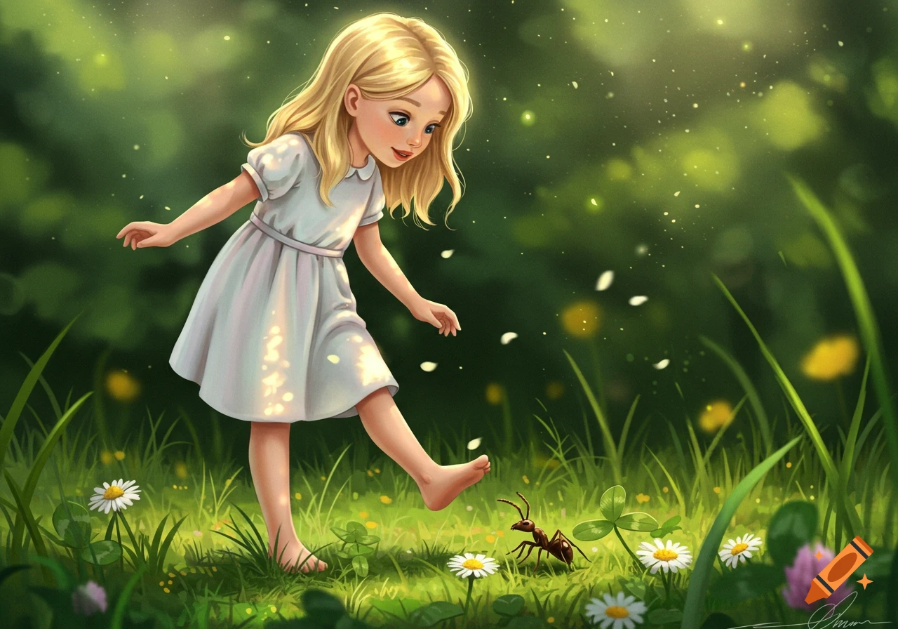 A stylized illustration of a blonde girl in a white dress lifting her foot over an ant in a grassy field with flowers.